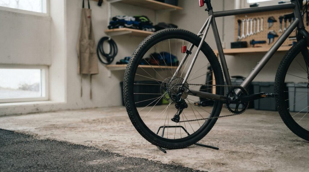 Cykeldetaljer som eger, dæk og reflektorer på gråt underlag i et rent cykelrum med sparsomt nordisk dagslys.